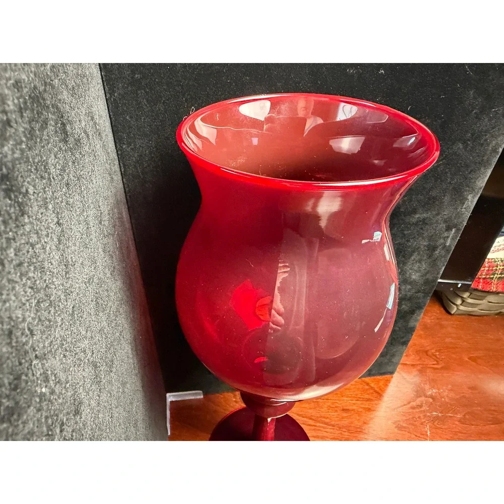 Ruby Red Glass Hurricane‎ Vase Tall Pedestal Stem Tulip Floral Centerpiece